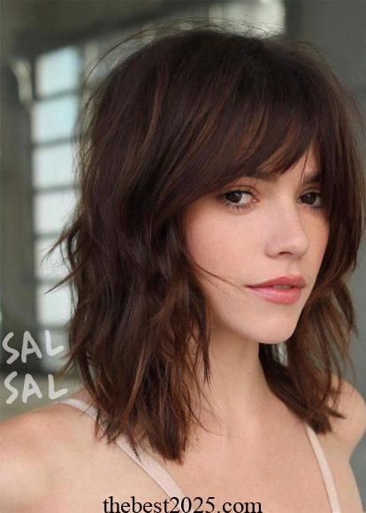 The best Messy Layered Lob with Very Long Bangs for Fine Hair in 2024 1